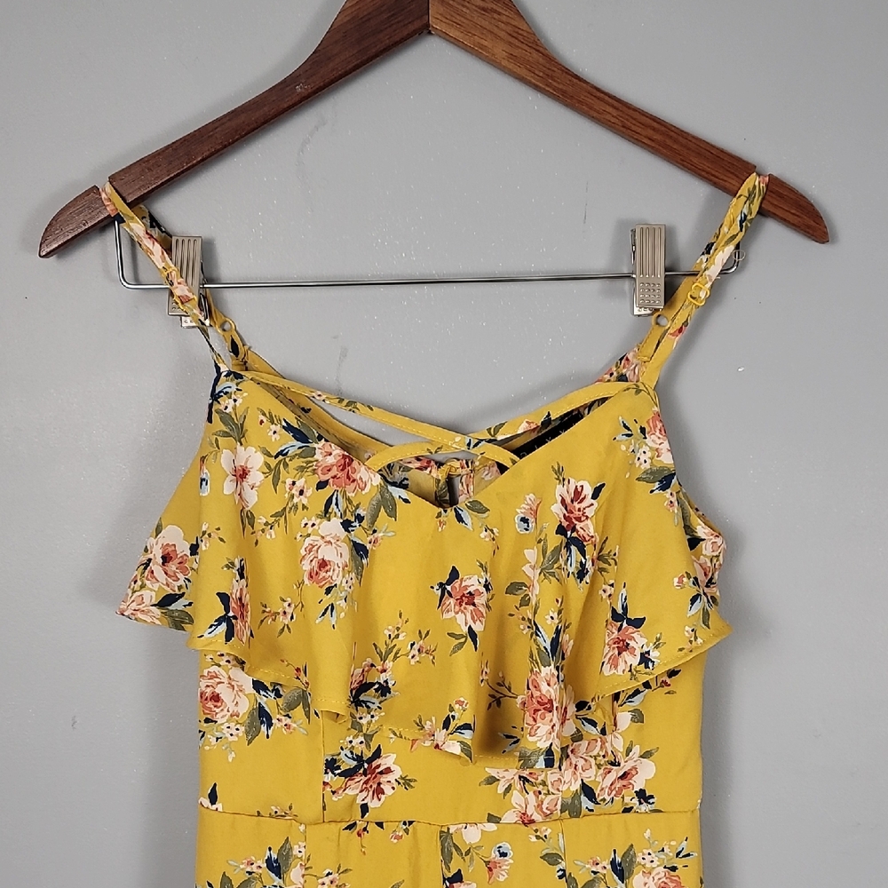 Trixxi Yellow Ruffled Floral Spagetti  Strap Cropped Jumper Pant Suit